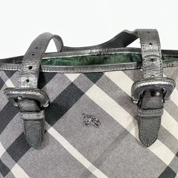 Burberry Super Nova Shimmer Check Tote Bag Canvas Leather Trim Open Top Pockets - Picture 7 of 16